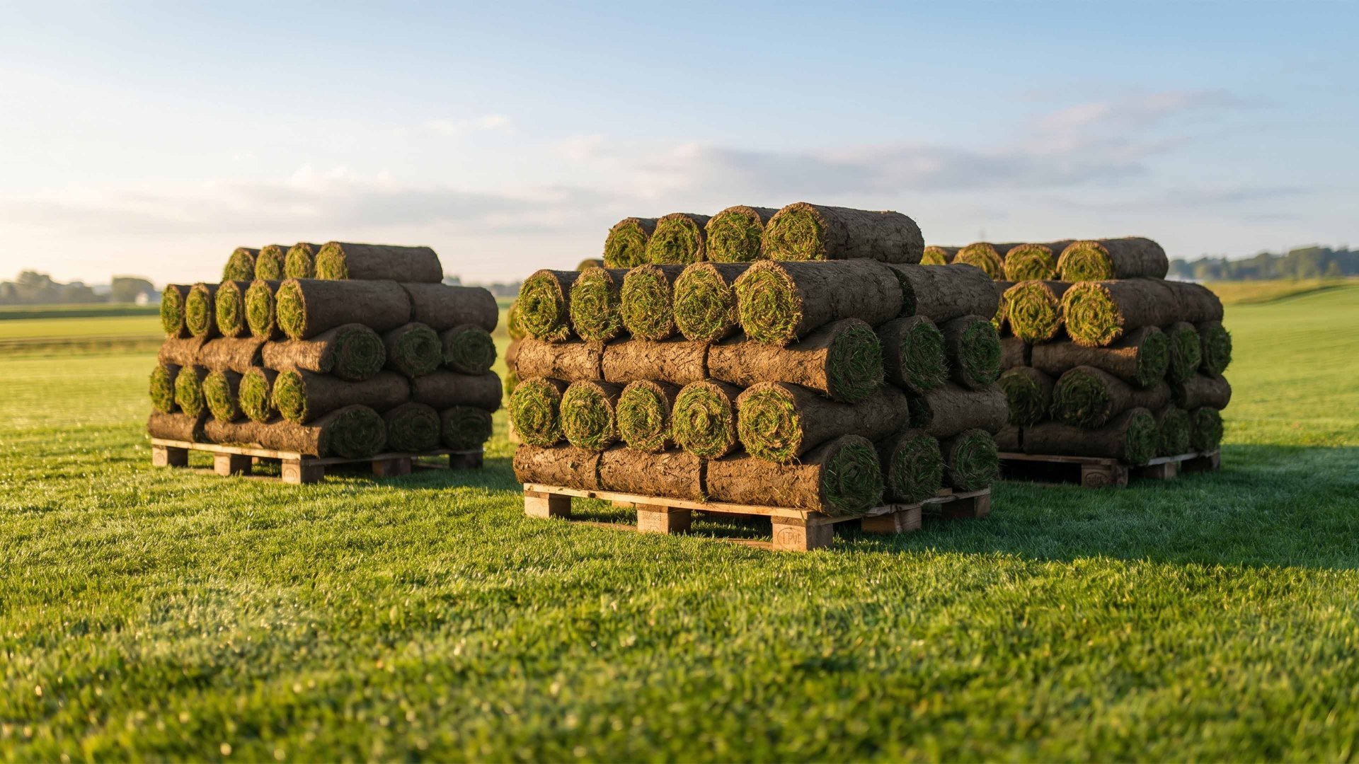 Paletten mit Rollrasen im Lager des Waldhofs in Wiler